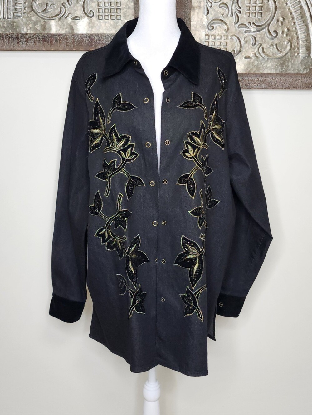 Vtg. Victor Costa Occasion Floral Embroidered Black Denim Style Jacket Large